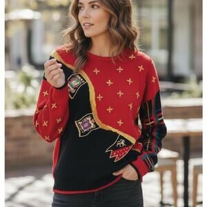 Vtg 1990s LUCIA Women's Sweater Coat of Arm Patches Sz XL Red / Black Colorblock